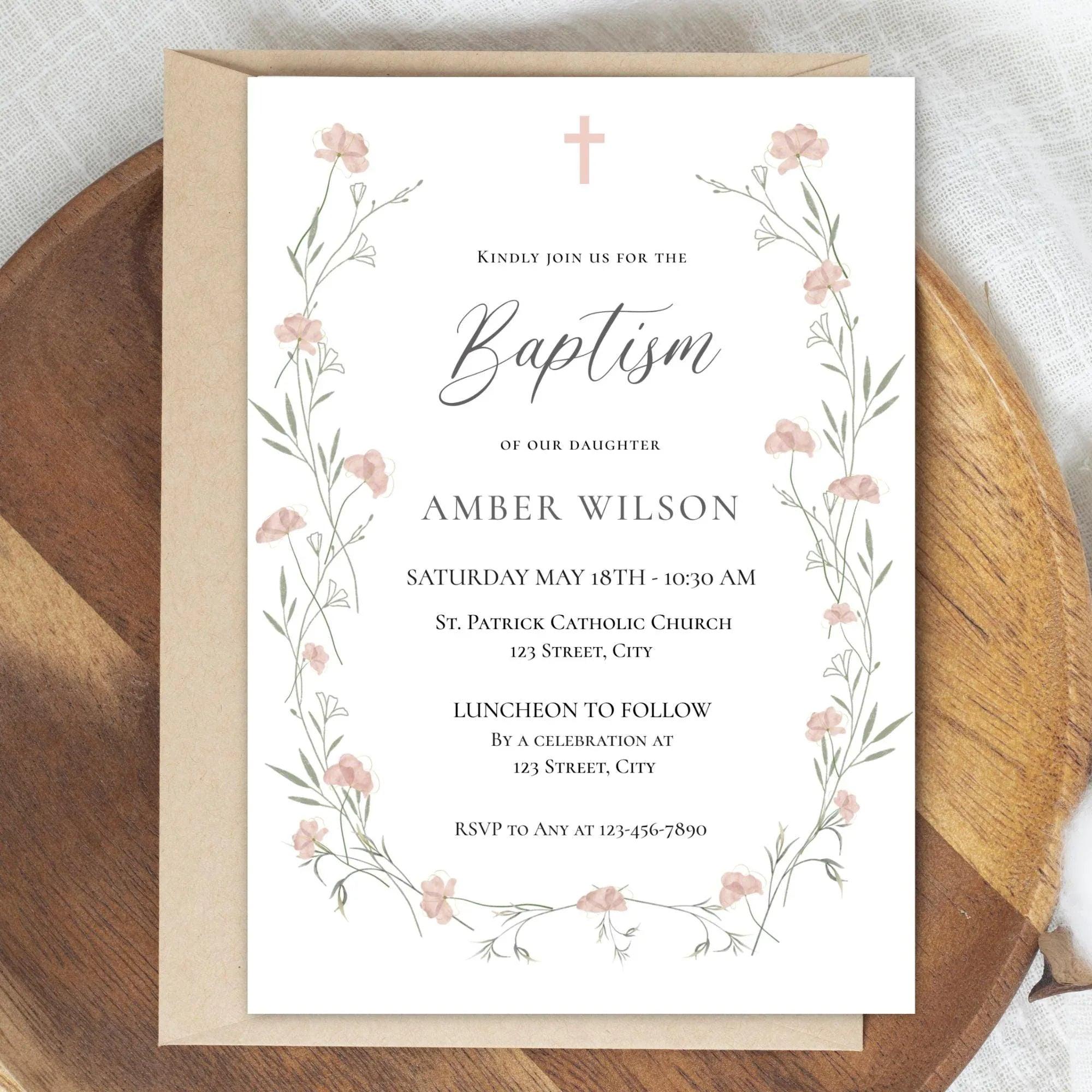 Baptism Invitation Girl Editable – Pink Floral Corjl Template – Wildflowers Christening Invite – Printable Digital File - Lovely Printable Party