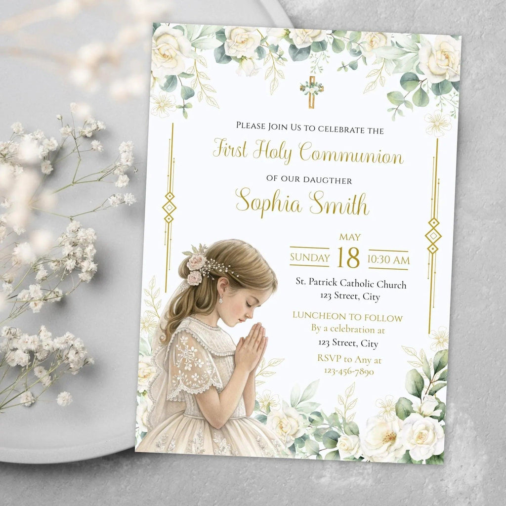 First Holy Communion, Invitation Template, Girl First Communion Invite, Editable First Communion Invitation Girl, Instant Download - Lovely Printable Party