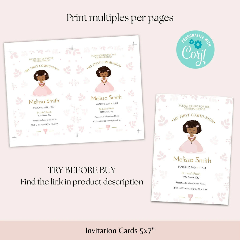 Pink leaves First Holy Communion Invitation - Lovely Party