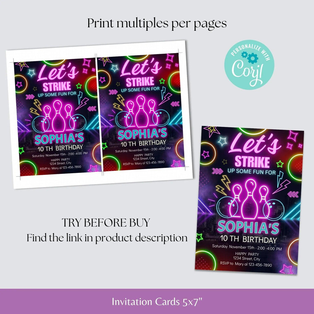 Personalized Neon Bowling Party Invitation and Tag Template, Digital Download for Kids' Birthday or Bowling-Themed Event - Lovely Printable Party
