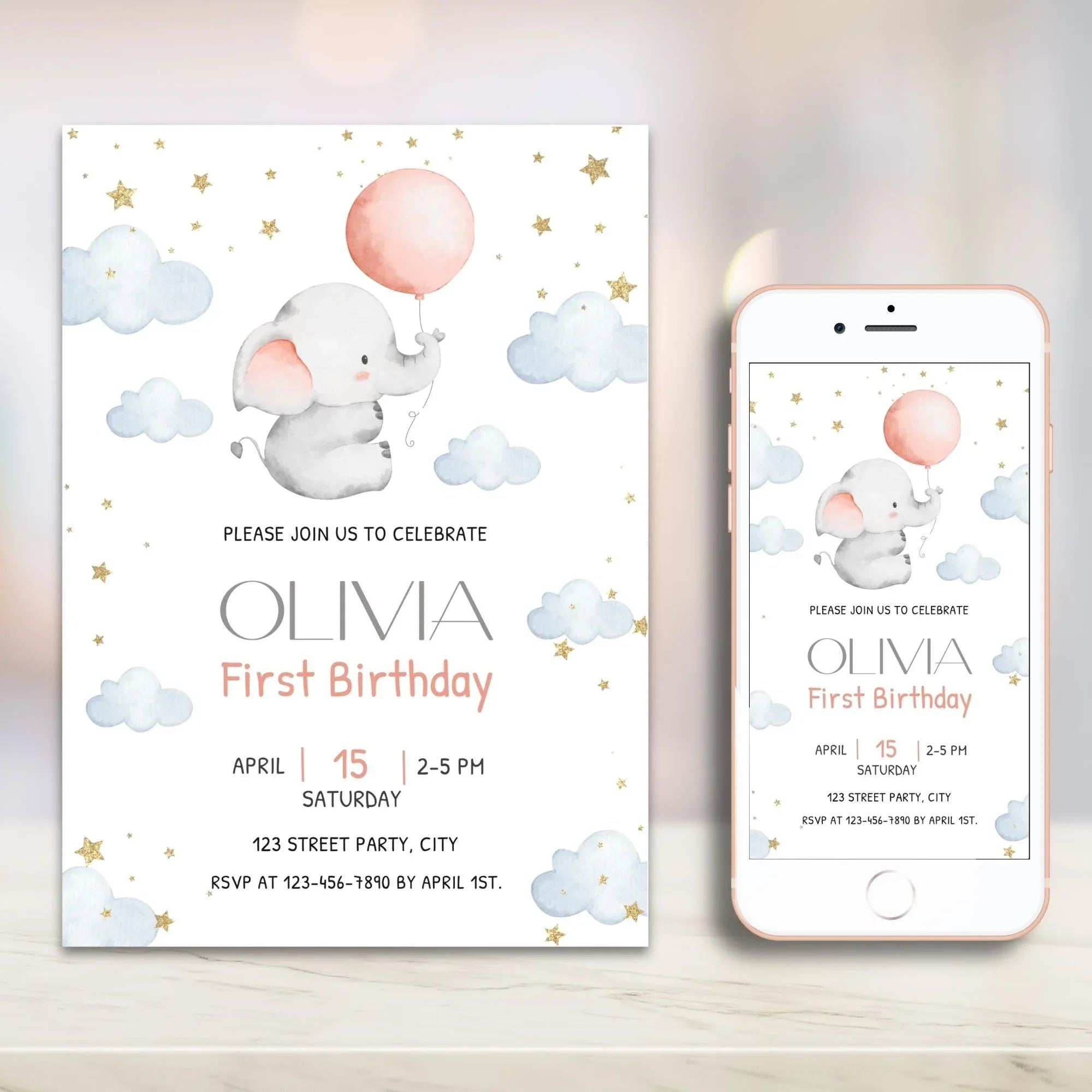 Baby Elephant 1st Birthday Invitation - Editable Corjl Template - Lovely Party