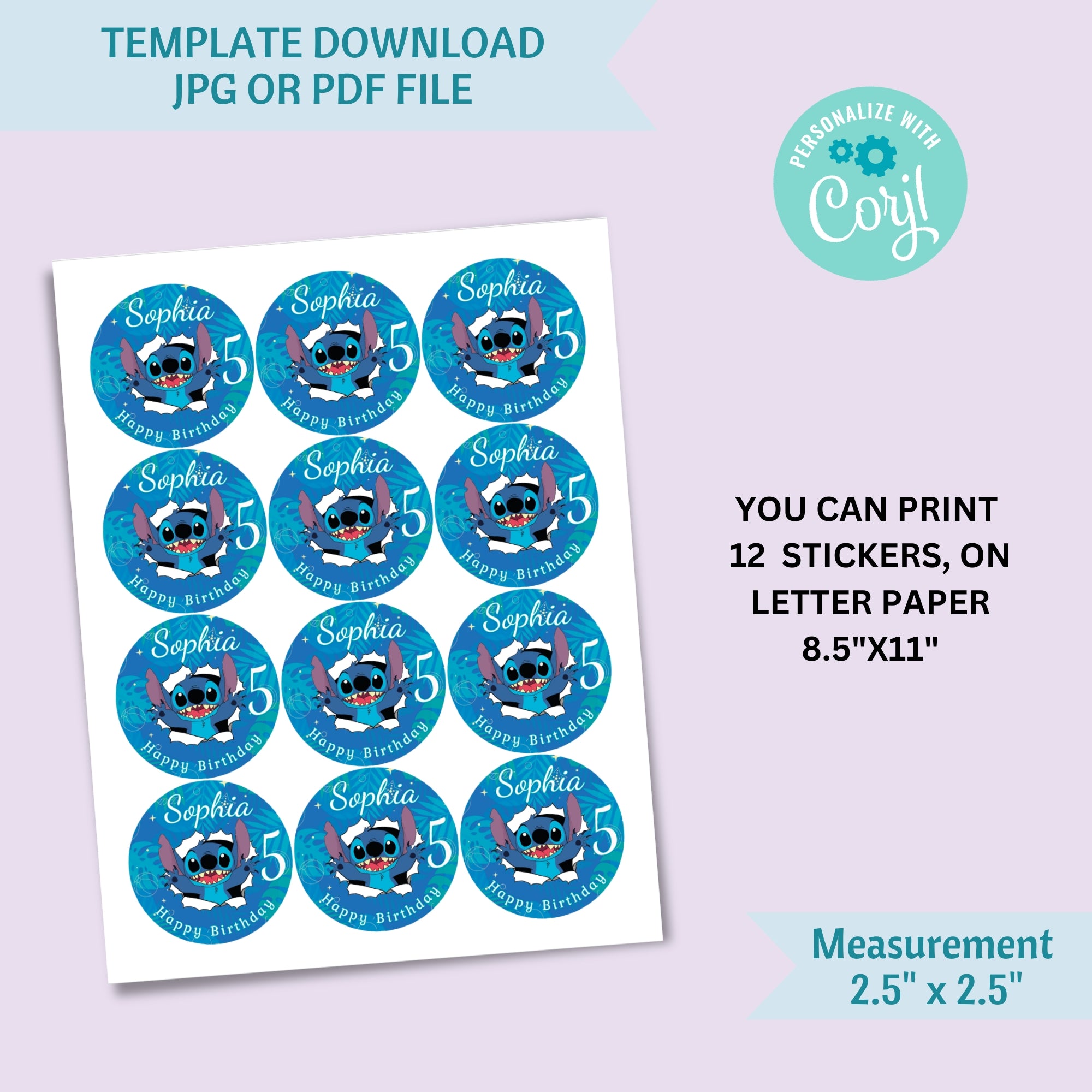 Stitch Cupcake Toppers, Stickers & Favor Tags | Editable Corjl Template | Instant Download