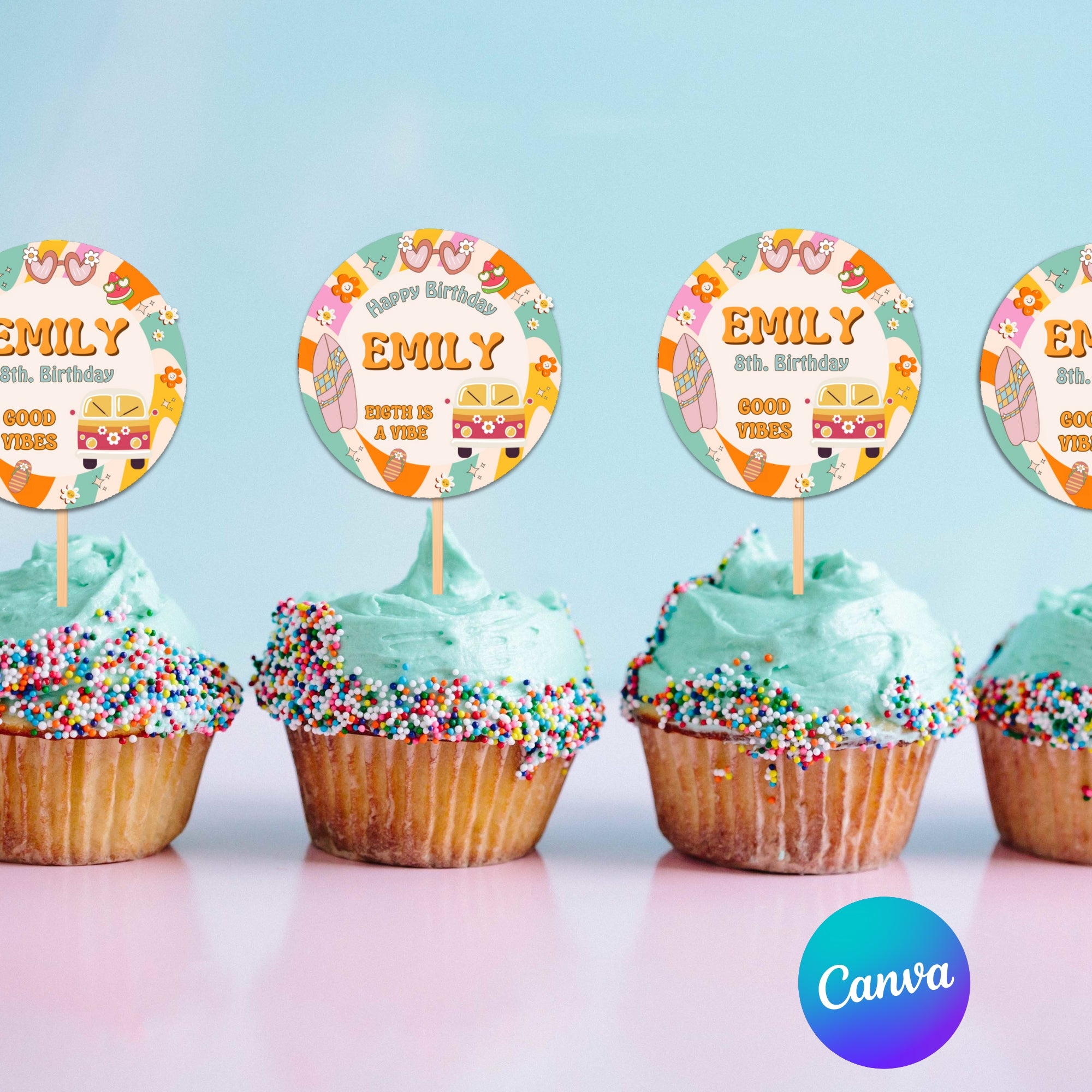 Eight is a Vibe Birthday Bundle | Groovy Girl Retro Party Kit | 15 Pieces | Editable Canva Template | Instant Download