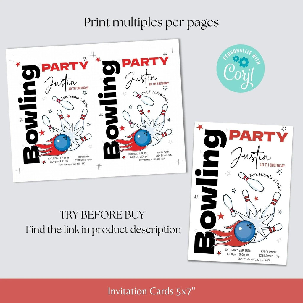 Editable Bowling Birthday Invitation Minimalist - Bowling Birthday Invitation - Bowling Party -Customizable template - Lovely Printable Party