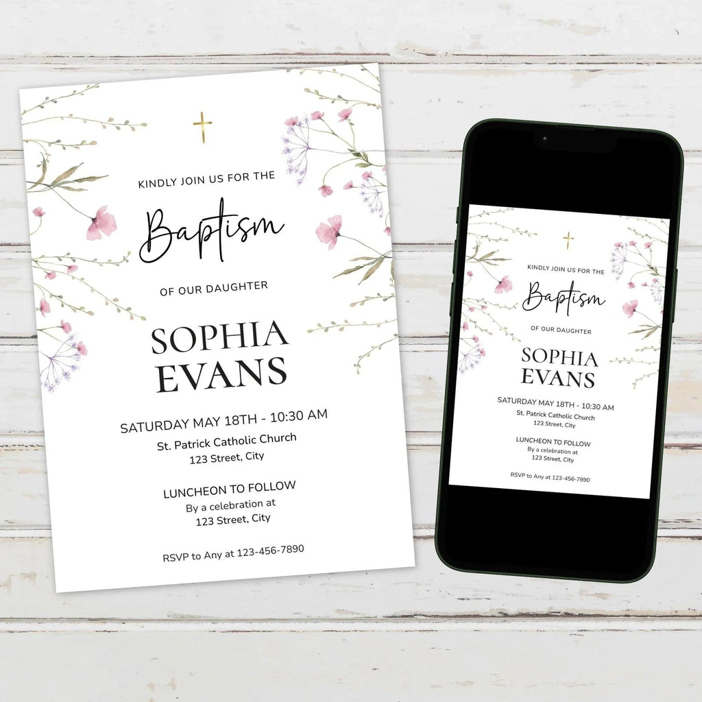 Girl Baptism Invitation Template | Corjl Printable Baptism Invite | Floral Christening Invitation | Religious Invitation card - Lovely Printable Party