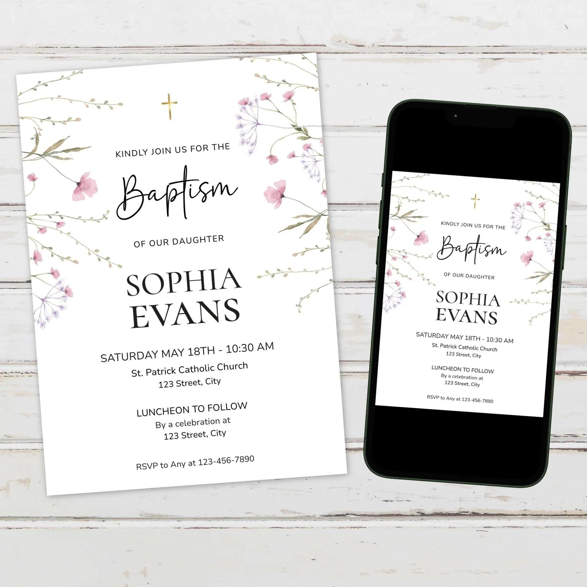 Girl Baptism Invitation Template | Corjl Printable Baptism Invite | Floral Christening Invitation | Religious Invitation card - Lovely Printable Party