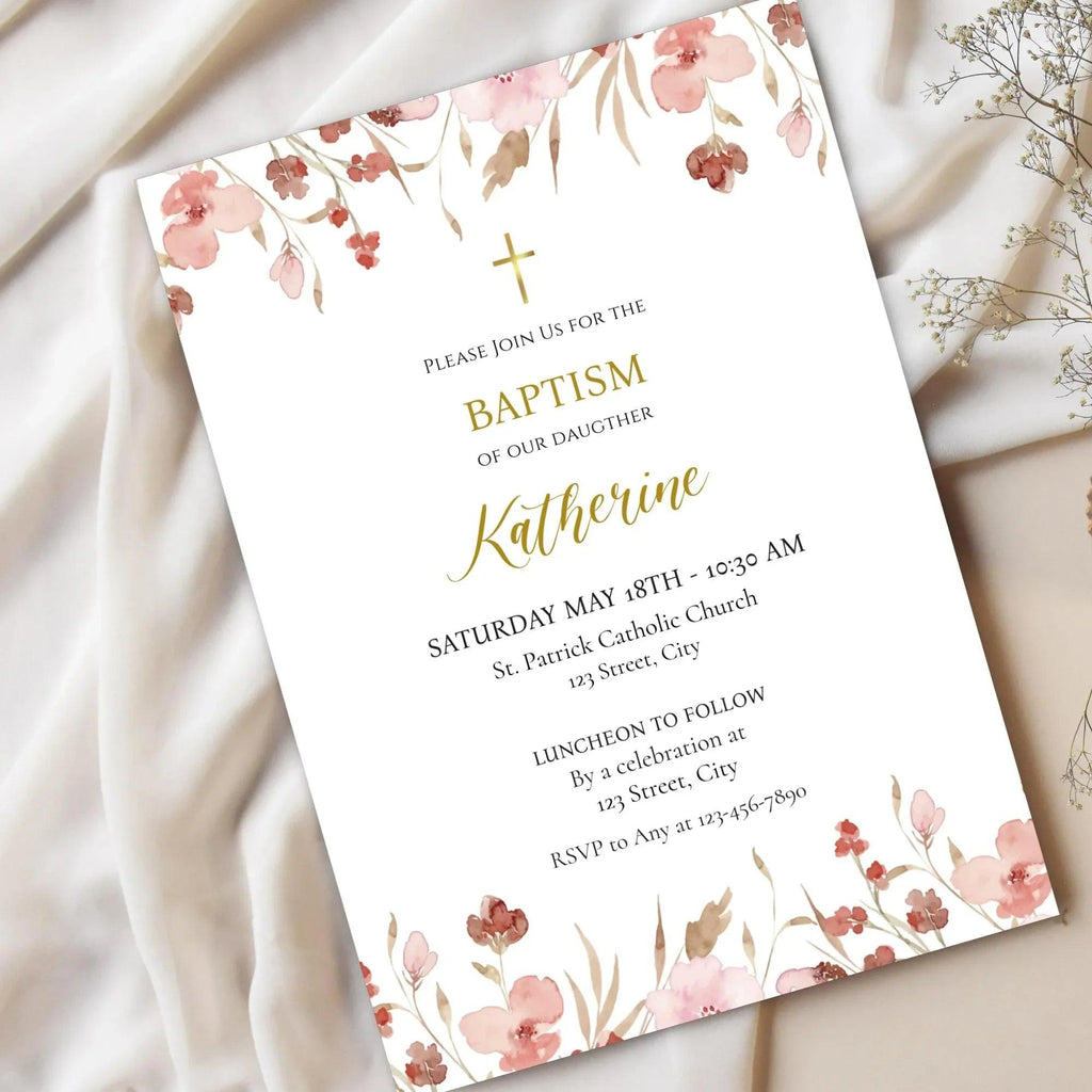 Pink Flowers Baptism Invitation Template, Custom Baptism Invite, Editable Baptism Invitation, Girl Baptism Invite - Lovely Printable Party