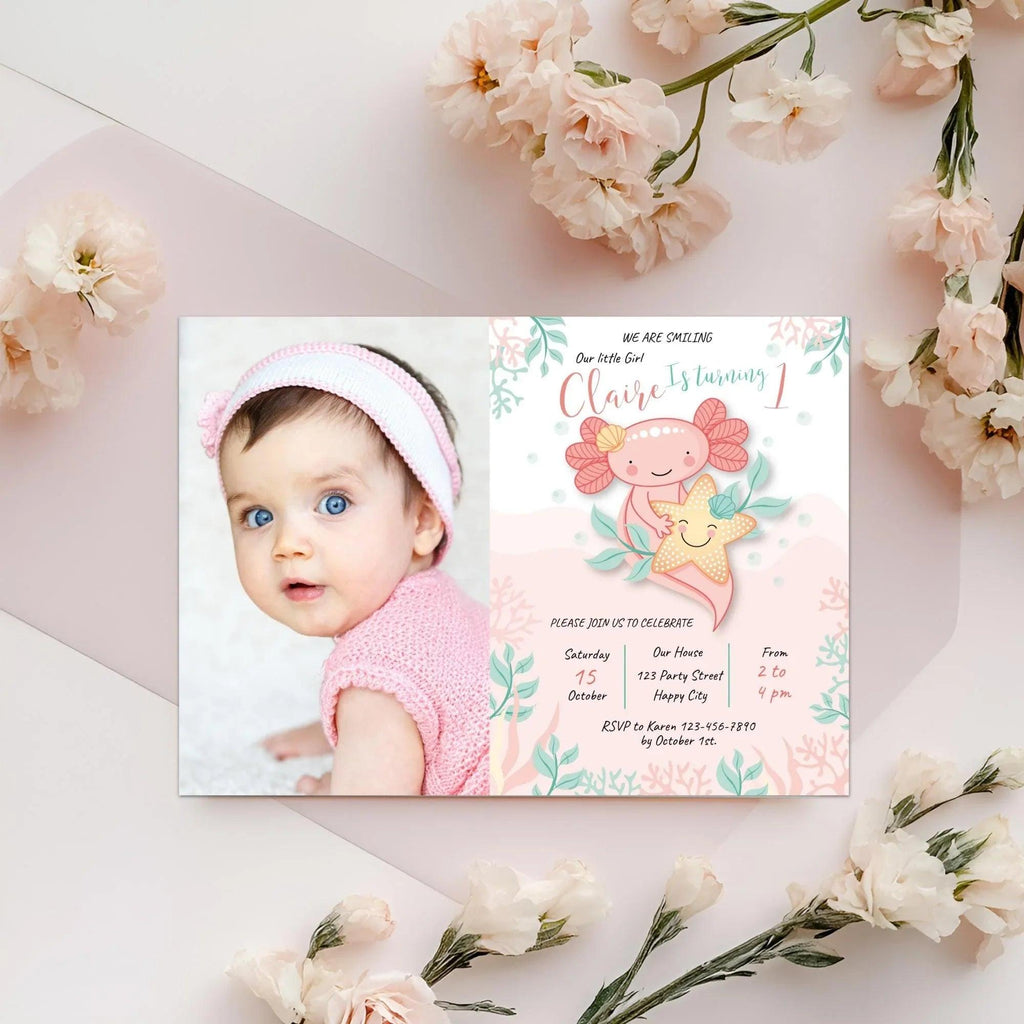 Axolotl Birthday Photo Invitation Instant Download Digital Template - Lovely Printable Party