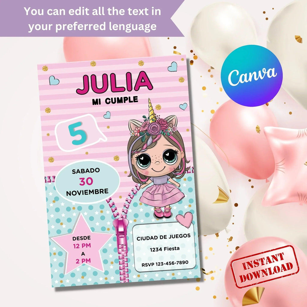 Doll Birthday Invitation, Template Instant Download, Doll Invitation Girl, Doll Invitation Printable, Doll Party - Lovely Printable Party