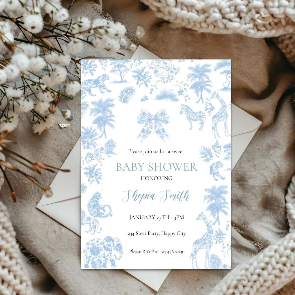 Safari Toile Baby Shower Invitation | Blue Jungle Editable Template | Corjl Digital Download for Boy Baby Shower - Lovely Printable Party
