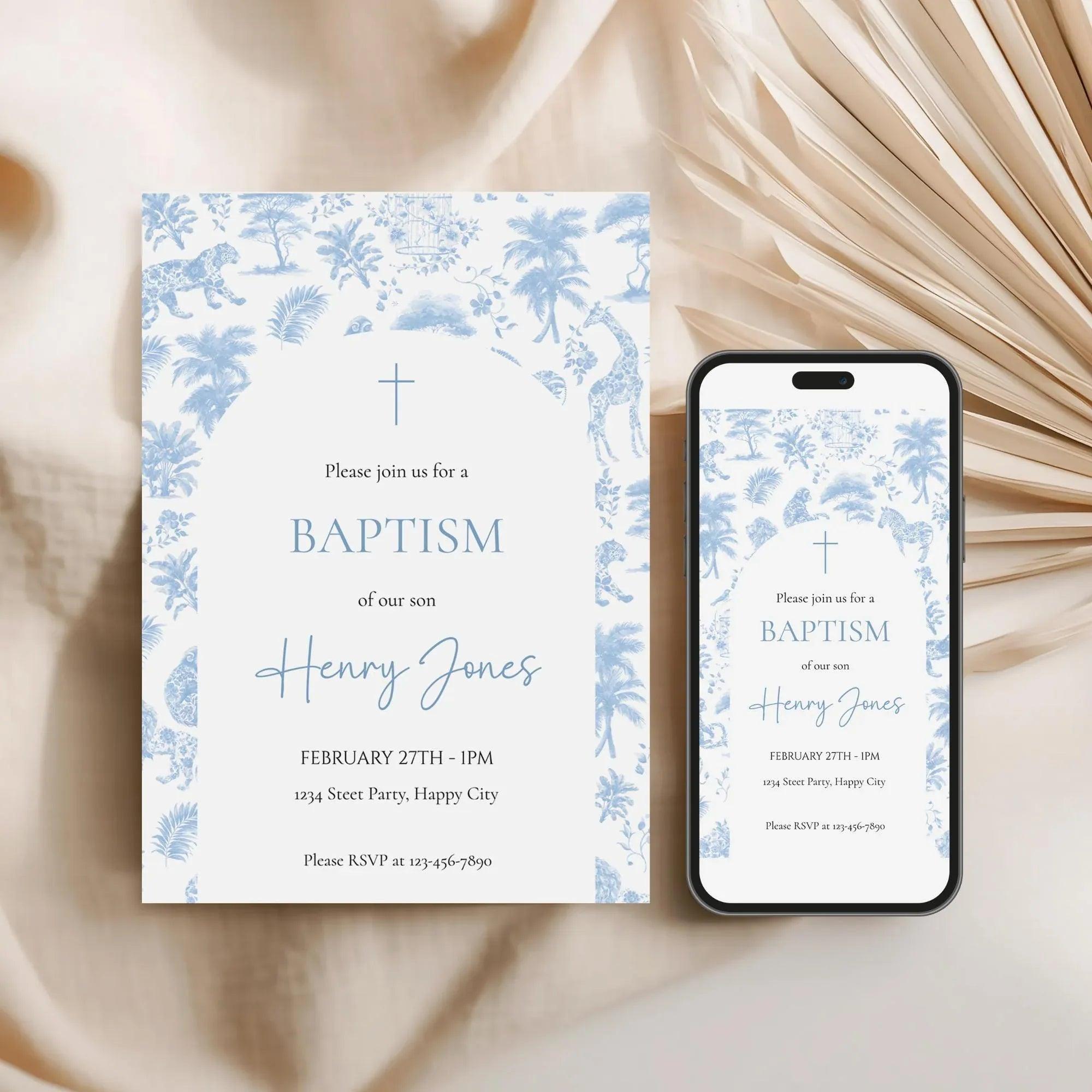 Blue Toile de Jouy Baptism Bundle – Invitation, Welcome Sign & Favor Tag – Safari Jungle Animals Party Set – Editable and Printable - Lovely Printable Party