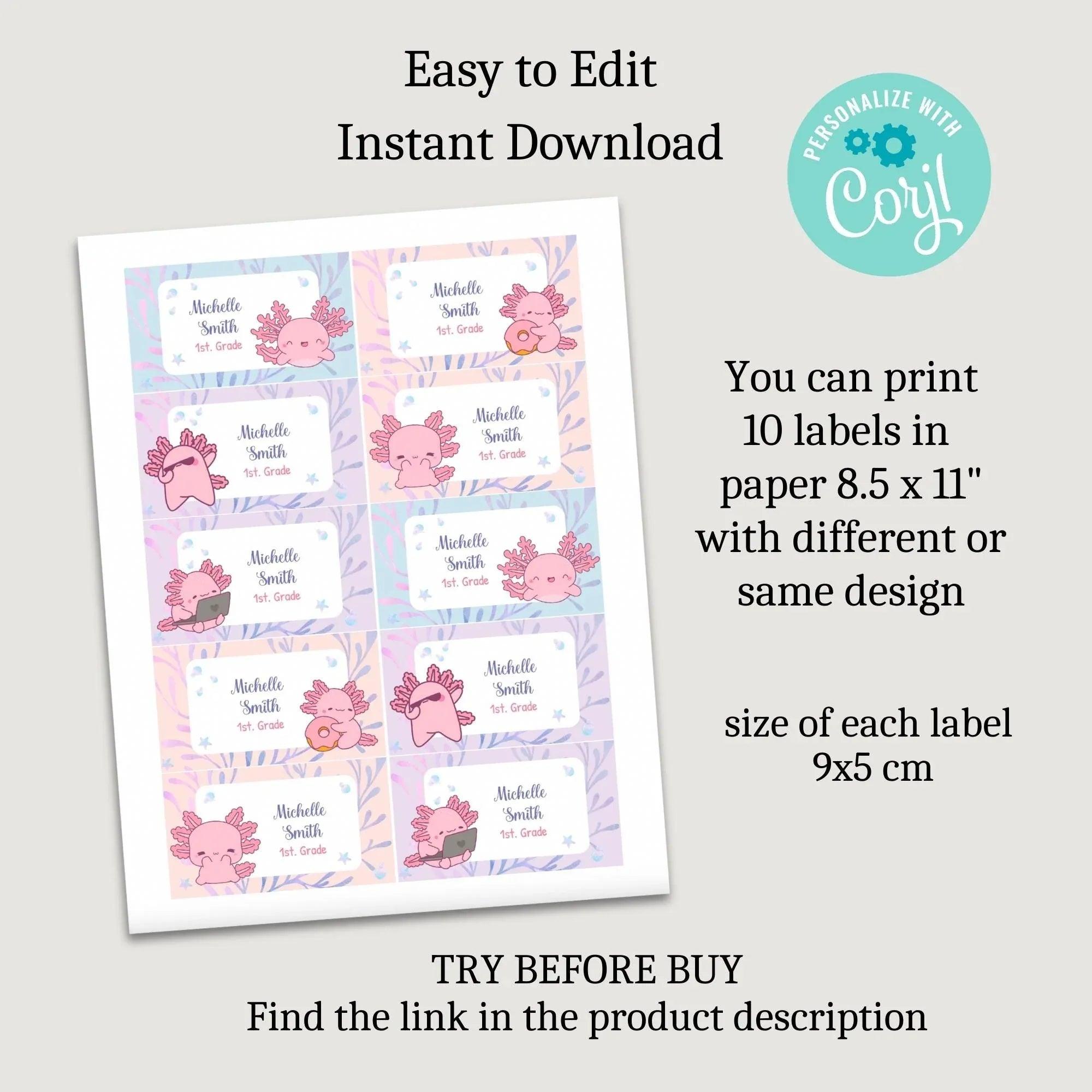 Axolotl School Name Labels - Lovely Printable Party