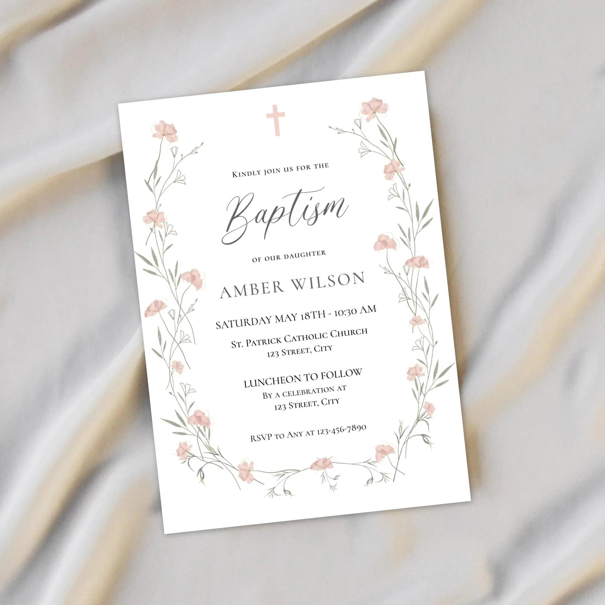 Baptism Invitation Girl Editable – Pink Floral Corjl Template – Wildflowers Christening Invite – Printable Digital File - Lovely Printable Party