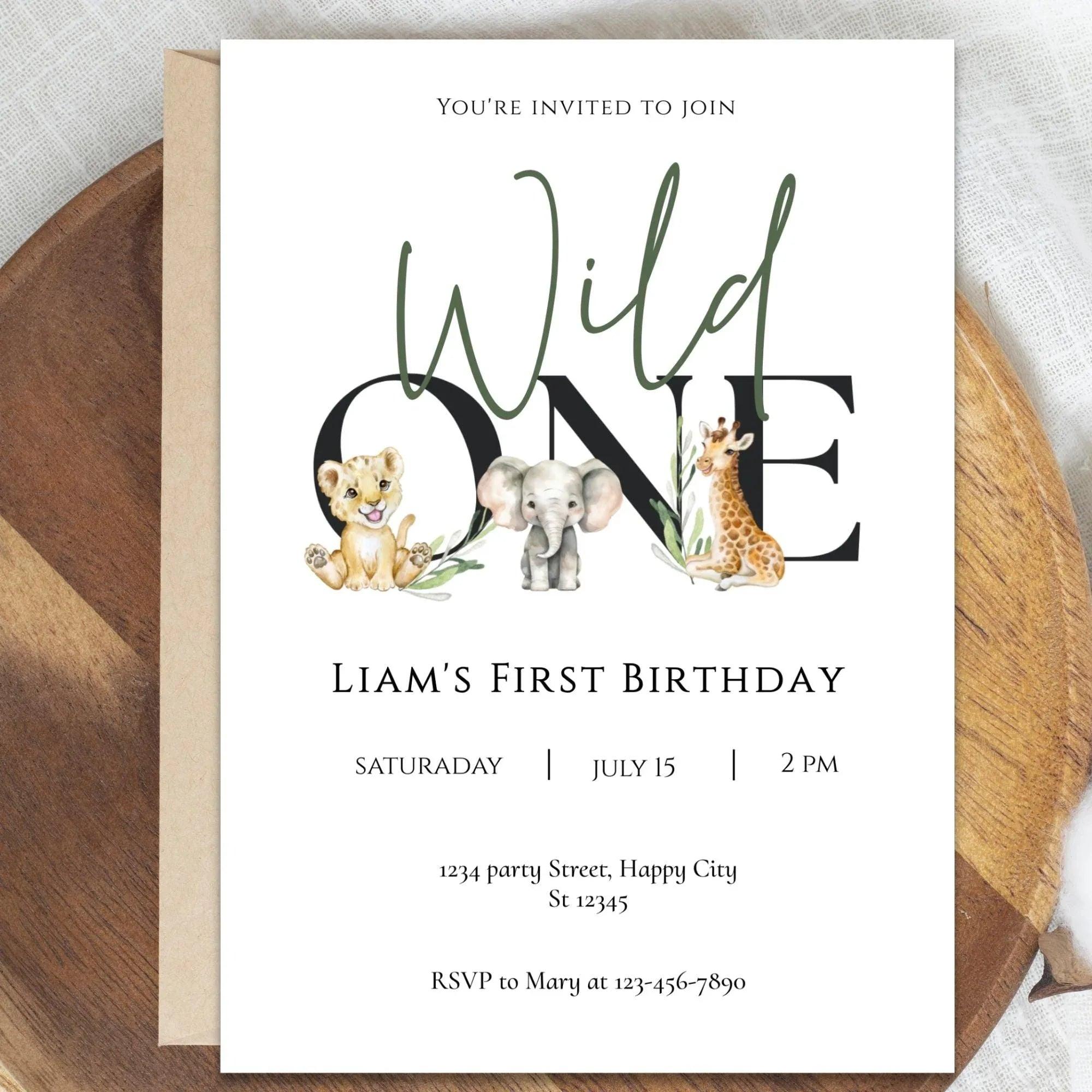 Wild One First Birthday Invitation Editable | Safari Jungle Party Invite Corjl | Digital Animal Birthday Card for Boy - Lovely Printable Party