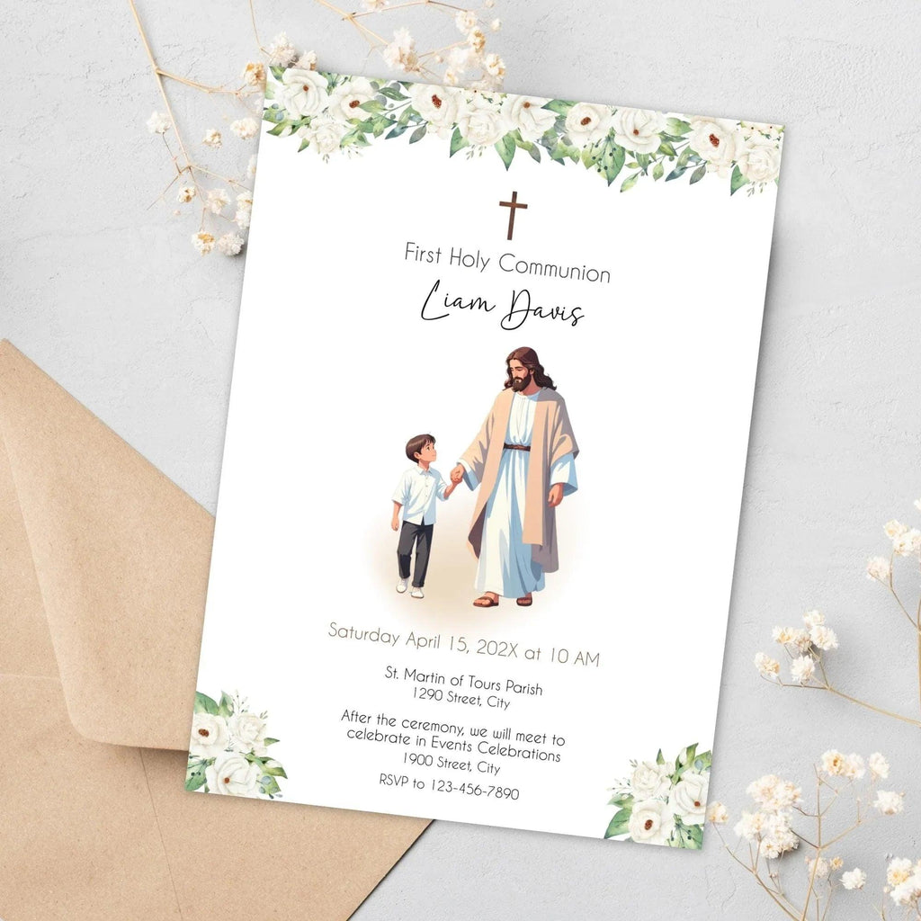 First Holy Communion, Invitation Template, Jesus and boy Communion Invite, Editable First Communion Invitation Boy, Instant Download - Lovely Printable Party