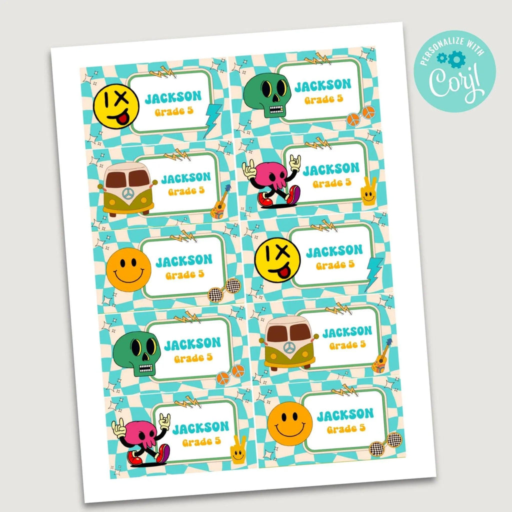 Funky retro School labels, Classroom Printables, Name labels for kids, Classroom Labels, School supply labels, Editable Labels - Lovely Printable Party