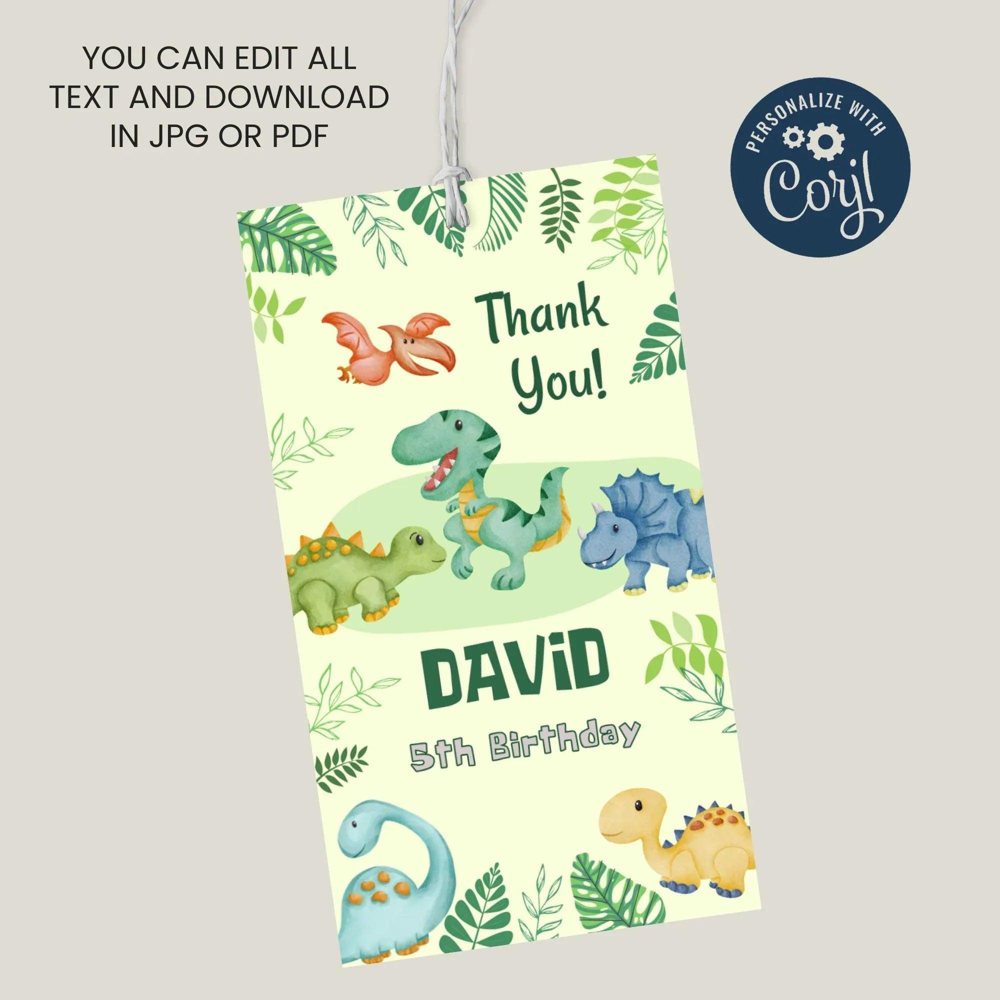 Editable Dinosaur Thank You Tags | Green Jungle Party Favor Tags | Cute Watercolor Dino Theme | Digital Corjl Template for Boys Birthday - Lovely Printable Party