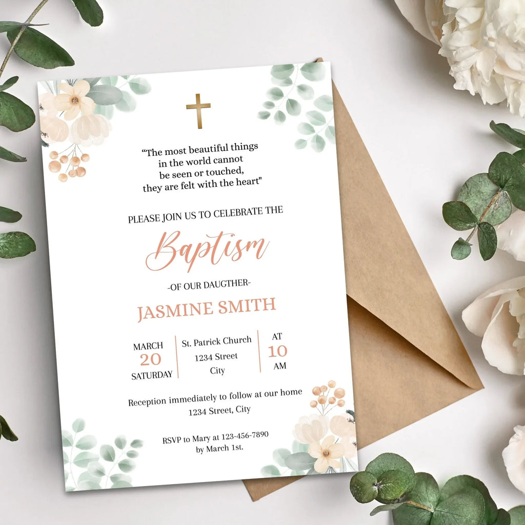 Salmon Flowers Baptism Invitation - Lovely Party