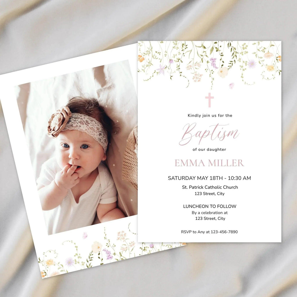 Girl Baptism Invitation with Photo – Corjl Template – Printable Floral Christening Invite – Digital Download - Lovely Printable Party