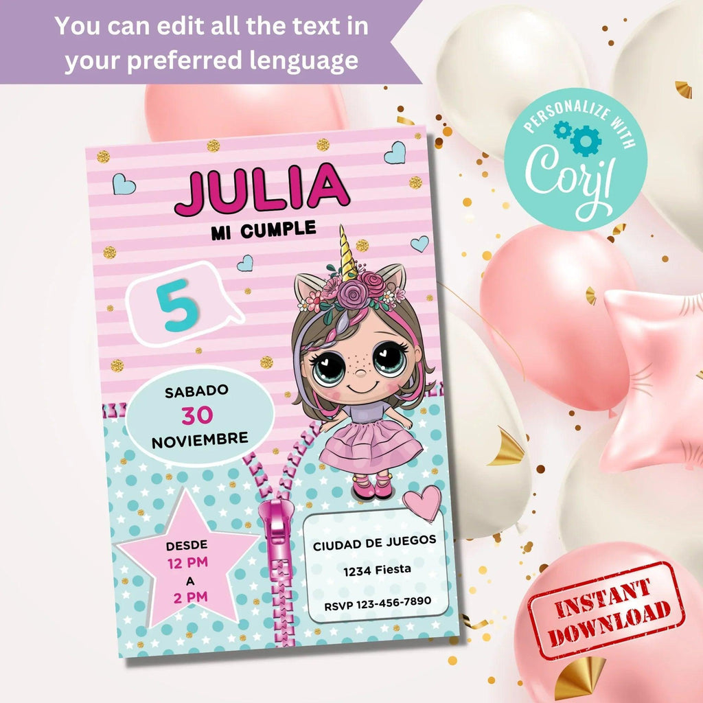 Doll Birthday Party Bundle Pack Sticker, Editable Sticker, Doll Birthday Tag, Doll party favor label, Instant Download, Doll topper - Lovely Printable Party