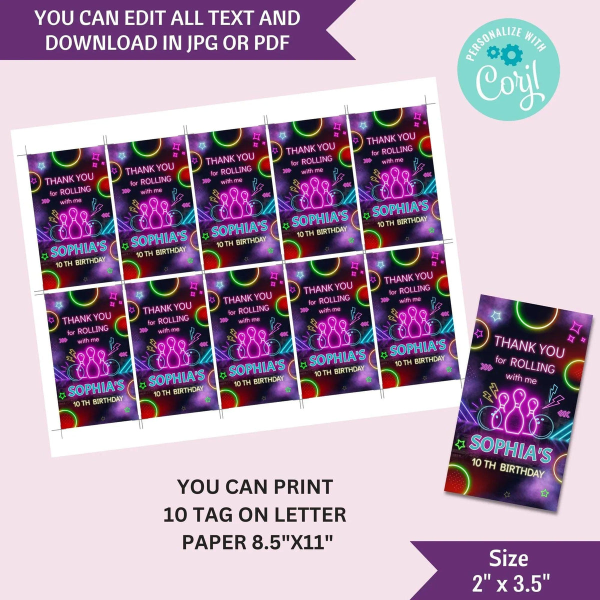 Personalized Neon Bowling Party Invitation and Tag Template, Digital Download for Kids' Birthday or Bowling-Themed Event - Lovely Printable Party