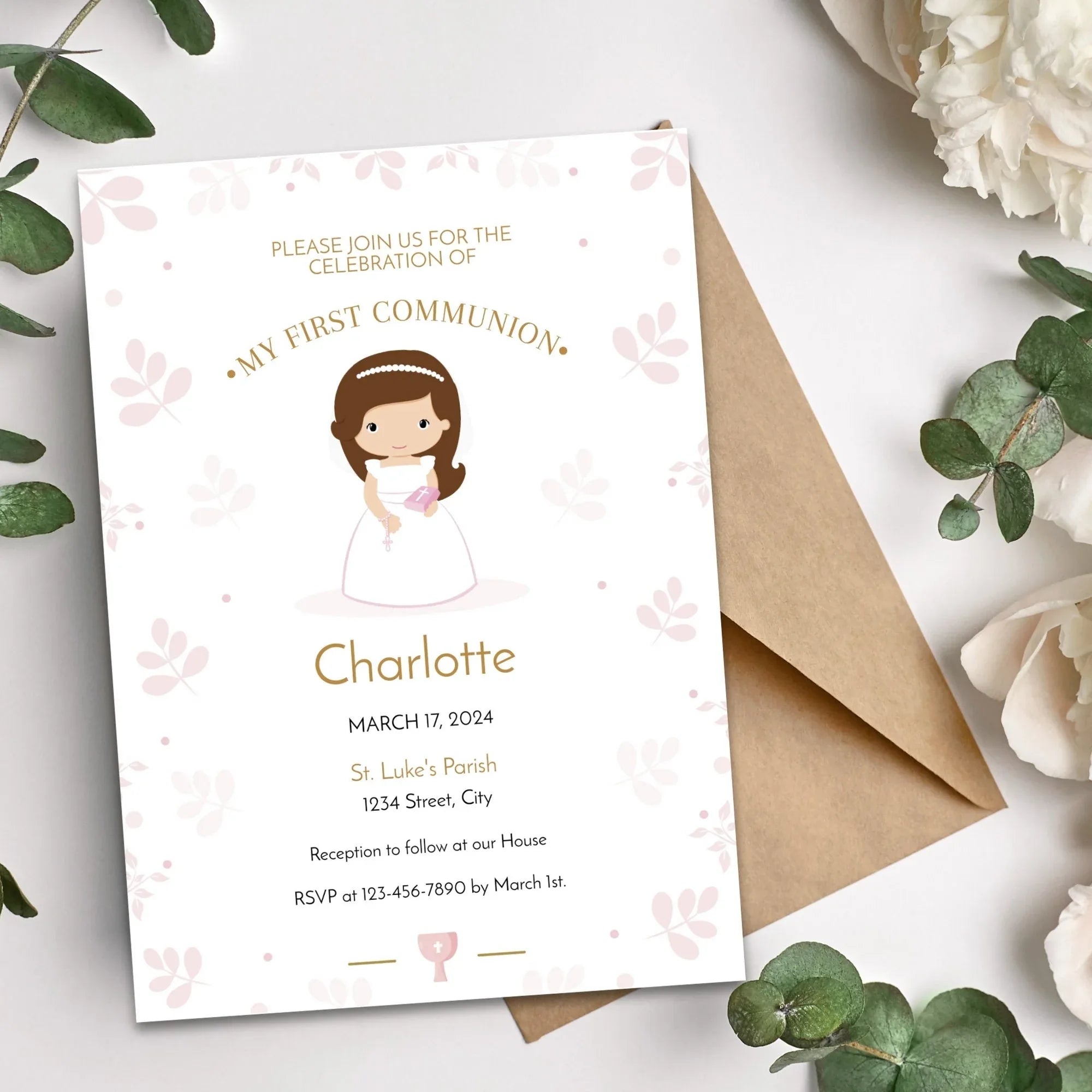 Pink Flowers Communion Invitation - Lovely Party