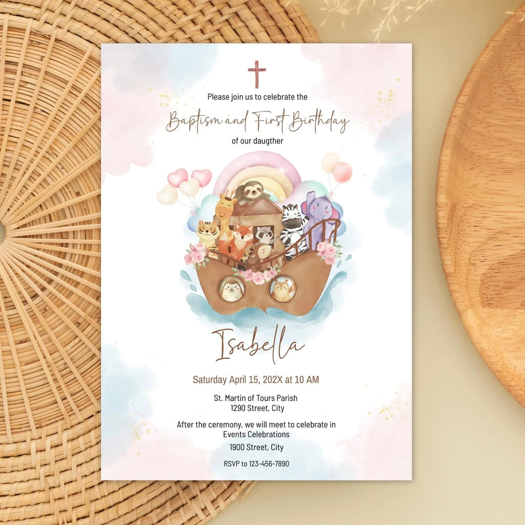 Girl Noah's Ark Baptism and First Birthday Invitation - Lovely Party