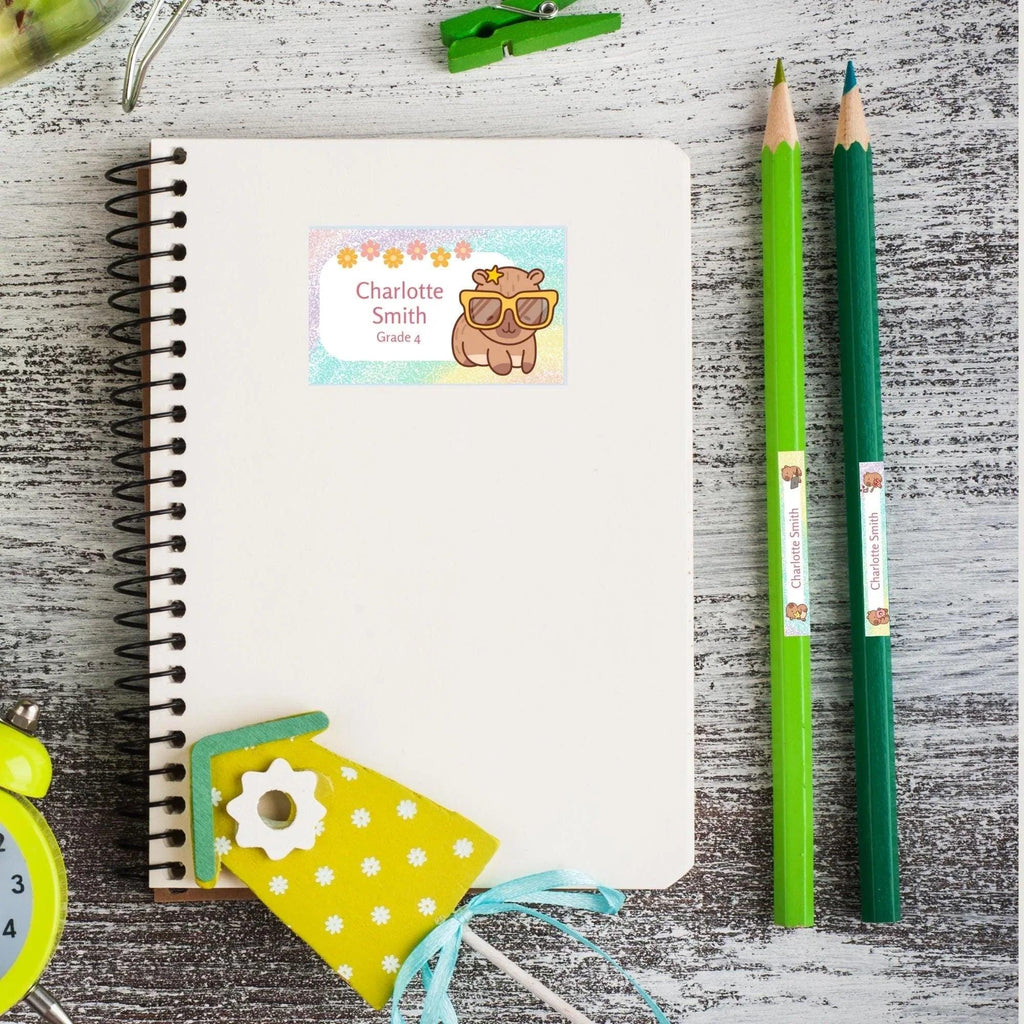 Kawaii Capybara School Name Labels – Cute Kawaii Capybara Sticker Set – Pastel Donut & Laptop Designs – Printable Name Tags for Kids - Lovely Printable Party
