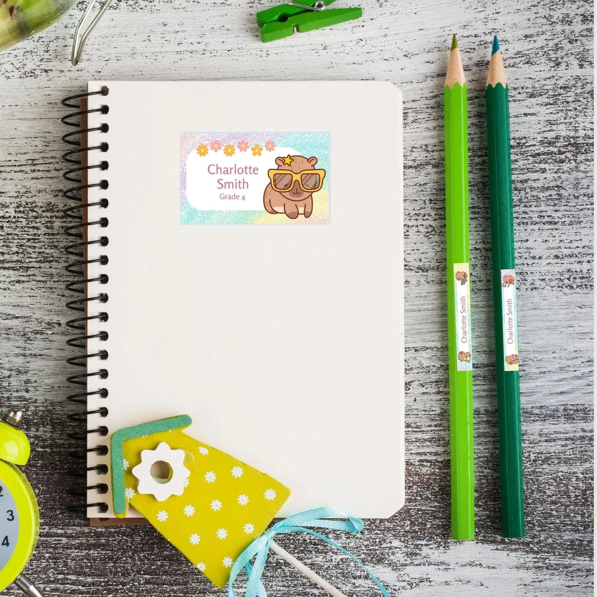 Kawaii Capybara School Name Labels – Cute Kawaii Capybara Sticker Set – Pastel Donut & Laptop Designs – Printable Name Tags for Kids - Lovely Printable Party