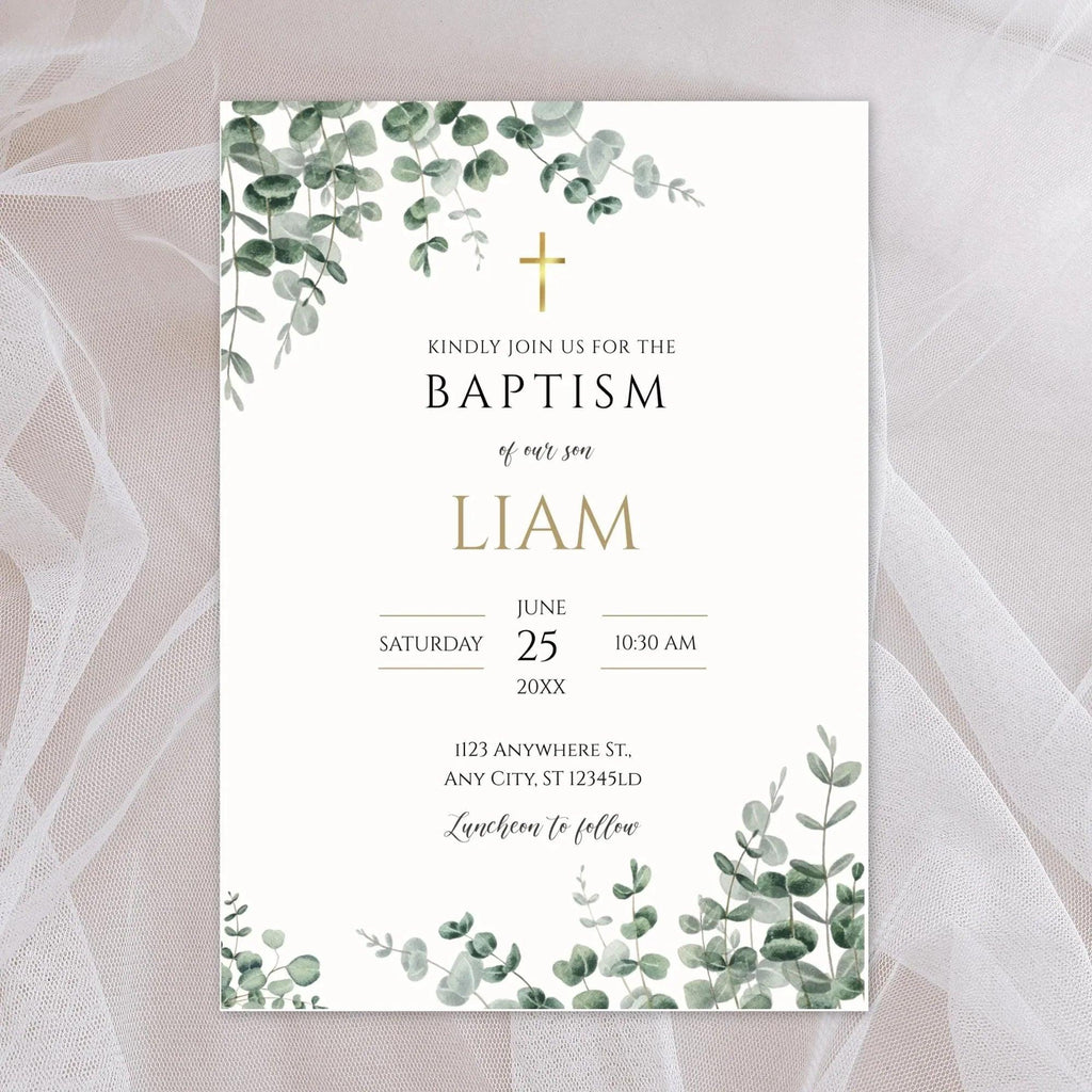 Greenery Baptism Invitation Boy – Corjl Editable Template – Eucalyptus Digital Invite Download - Lovely Printable Party