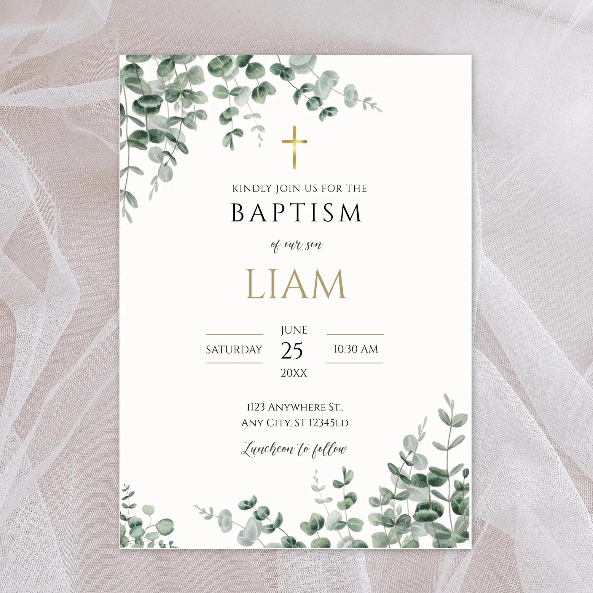 Greenery Baptism Invitation Boy – Corjl Editable Template – Eucalyptus Digital Invite Download - Lovely Printable Party