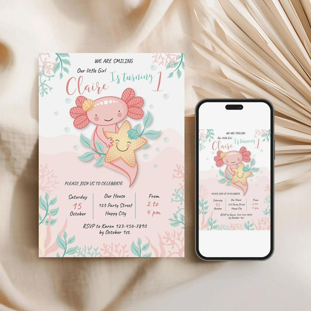 Axolotl Pink Birthday Invitation Instant Download Digital template - Lovely Printable Party