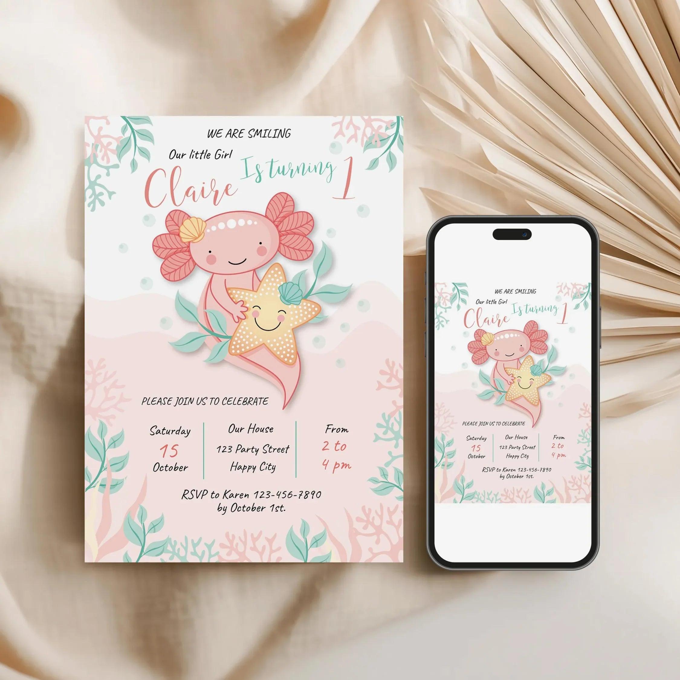 Axolotl Pink Birthday Invitation Instant Download Digital template - Lovely Printable Party