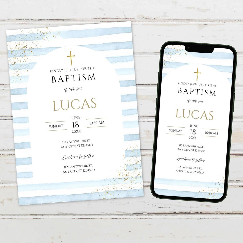 Editable Boy Baptism Invitation | Blue Gold Christening Template | Catholic Baptism Corjl | Instant Download Digital Invite - Lovely Printable Party
