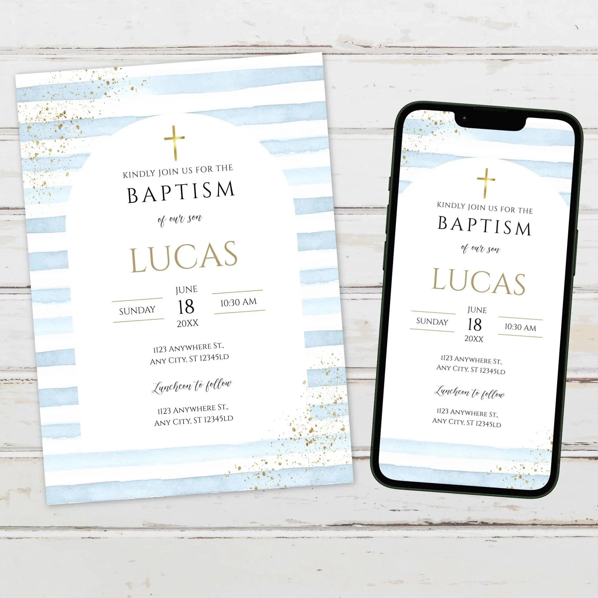 Editable Boy Baptism Invitation | Blue Gold Christening Template | Catholic Baptism Corjl | Instant Download Digital Invite - Lovely Printable Party