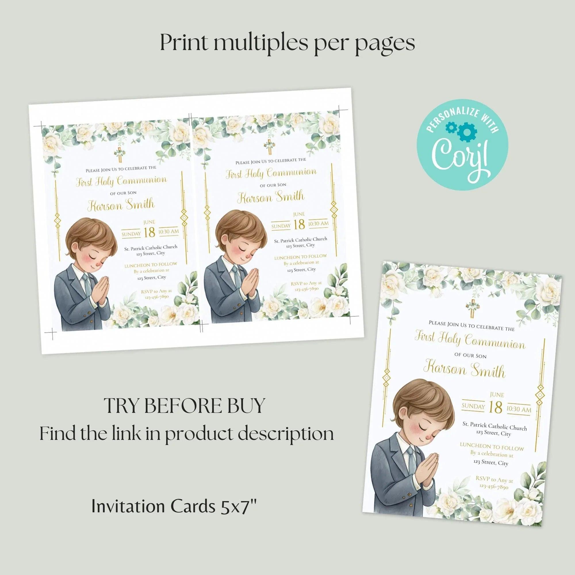 First Communion Invitation Flowers white and green - Lovely Printable Party