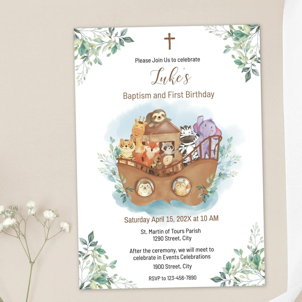 Noah's Ark Baptism & 1st Birthday Invitation Template – Editable Corjl Digital Download - Lovely Printable Party