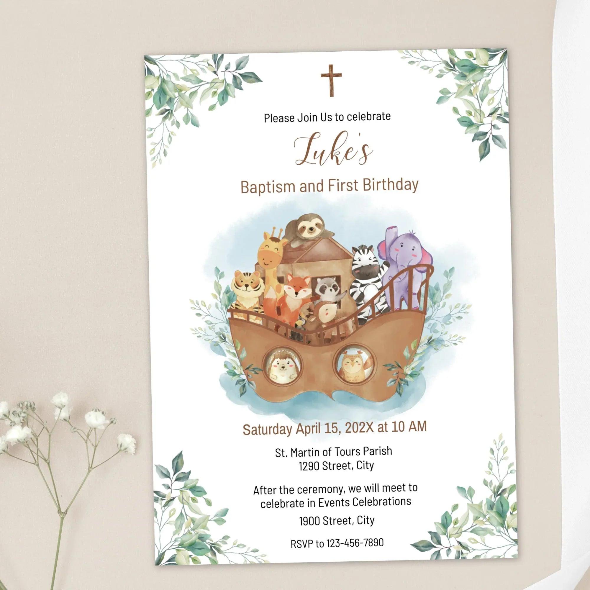 Noah's Ark Baptism & 1st Birthday Invitation Template – Editable Corjl Digital Download - Lovely Printable Party