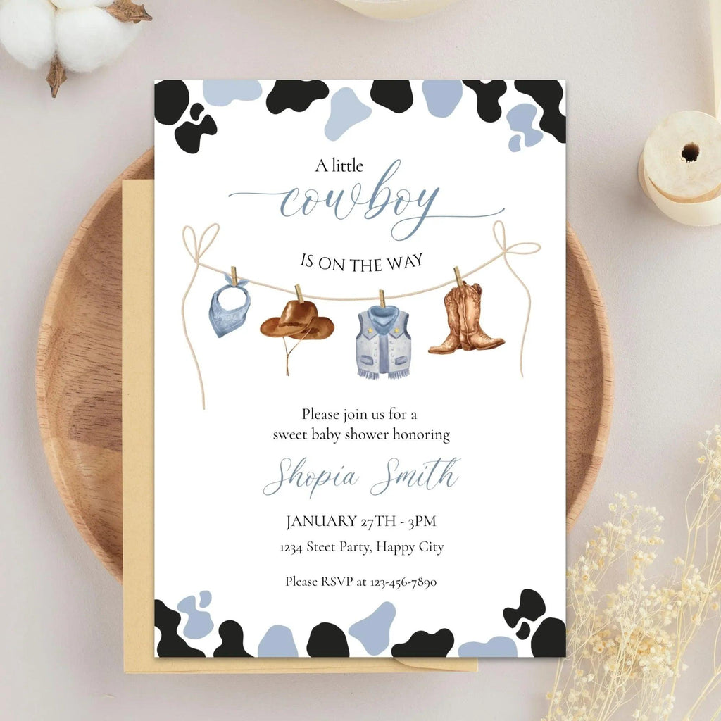 Little Cowboy Baby Shower Invitation – Editable via Corjl | Blue & Brown Western Cow Print | Digital Download - Lovely Printable Party