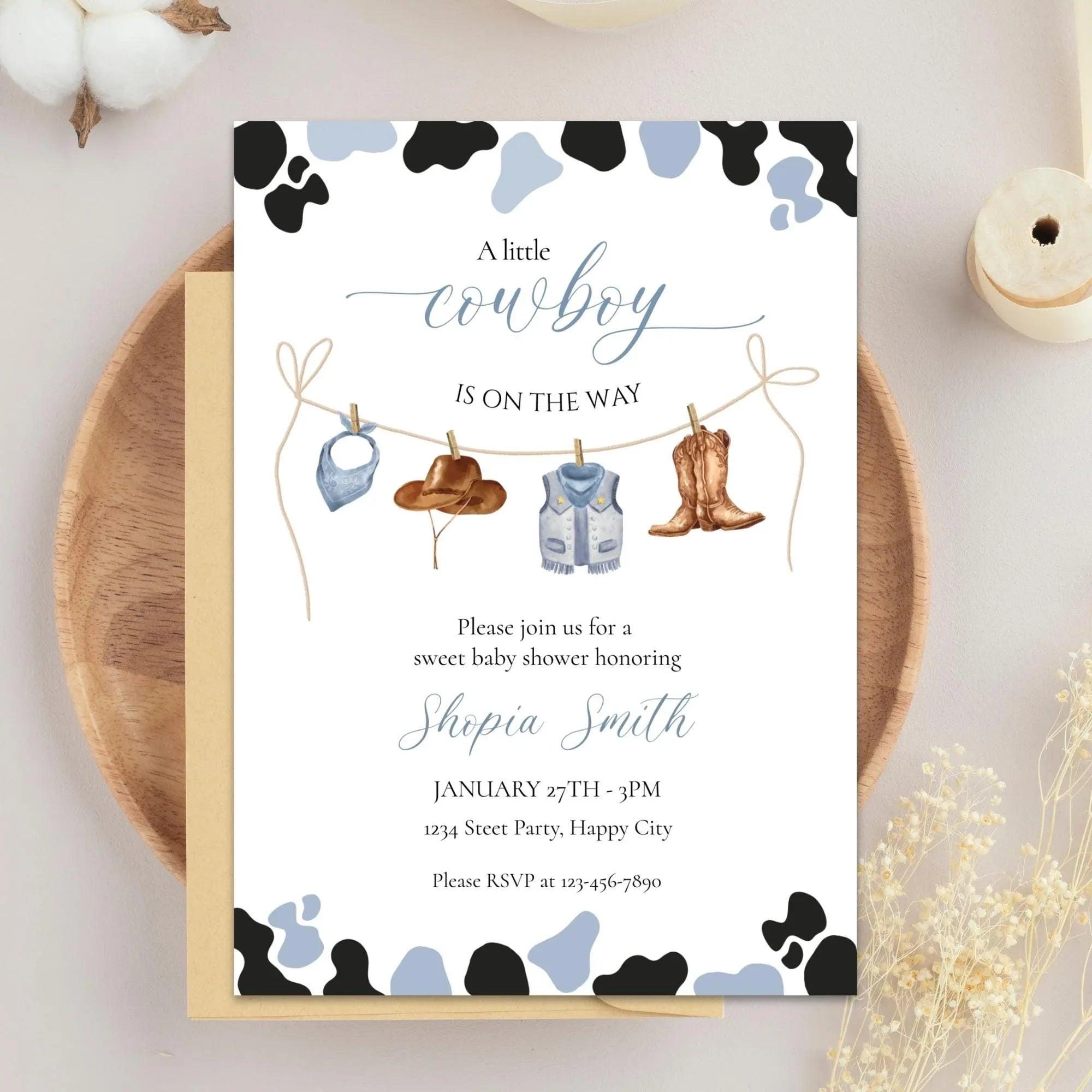 Little Cowboy Baby Shower Invitation – Editable via Corjl | Blue & Brown Western Cow Print | Digital Download - Lovely Printable Party