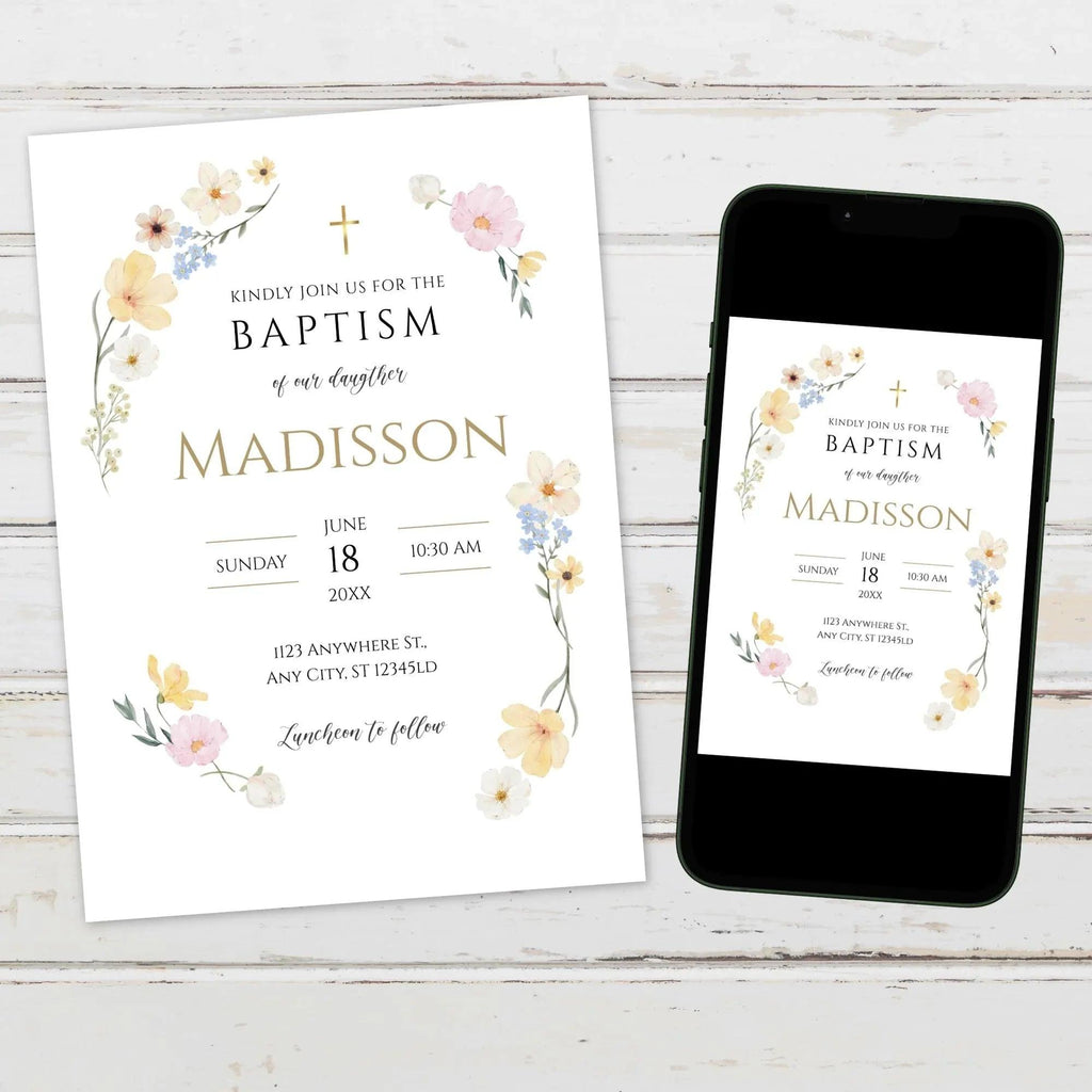 Wildflower Baptism Invitation Template – Digital Download for Baby Girl Christening – Editable Floral Printable with Gold Accents - Lovely Printable Party