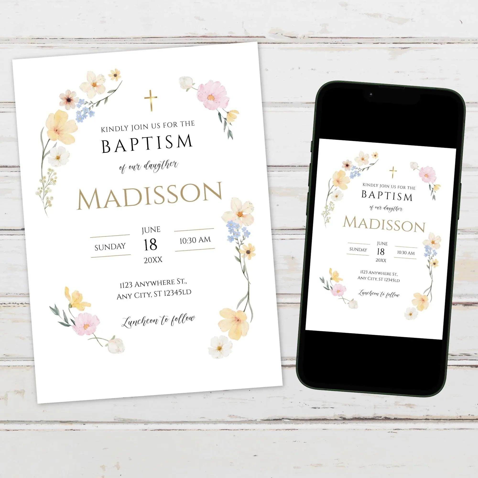Wildflower Baptism Invitation Template – Digital Download for Baby Girl Christening – Editable Floral Printable with Gold Accents - Lovely Printable Party