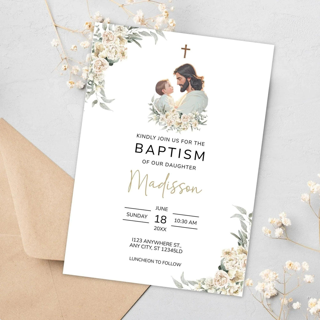 Catholic Baptism Invitation Girl, Editable christening Invitation Template, Jesus & Baby digital invite, Printable floral Invitation - Lovely Printable Party