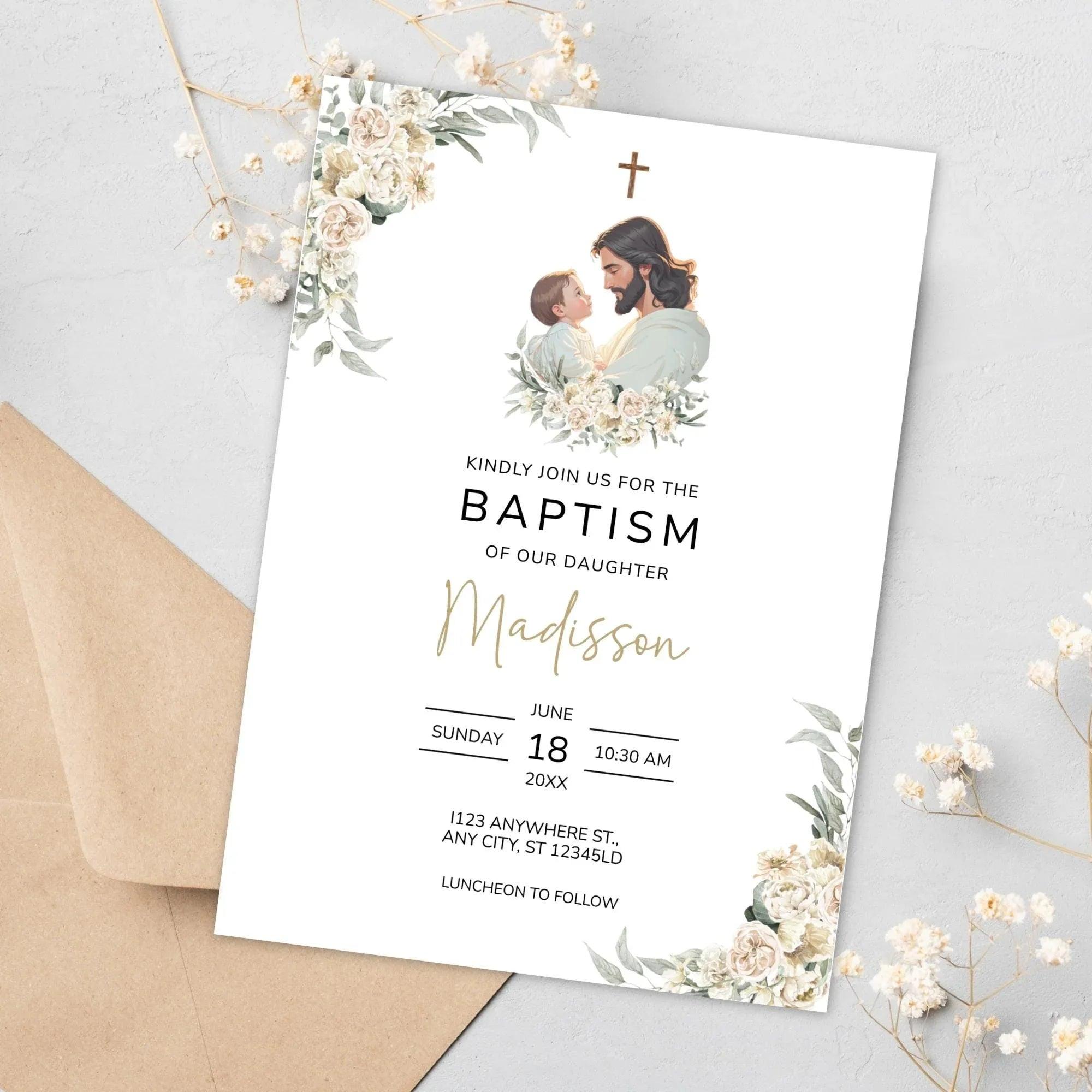 Catholic Baptism Invitation Girl, Editable christening Invitation Template, Jesus & Baby digital invite, Printable floral Invitation - Lovely Printable Party