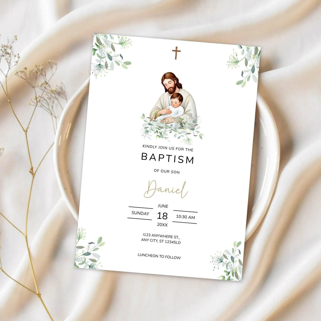 Catholic Baptism Invitation Boy | Editable Christening Invitation Template | Jesus and Baby Digital Invite | Printable Baptism Card for Son - Lovely Printable Party