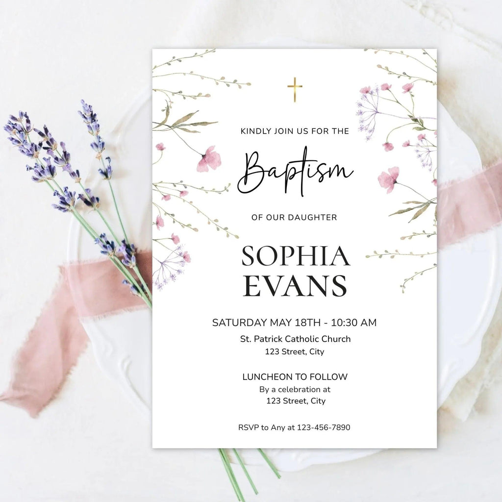 Girl Baptism Invitation Template | Corjl Printable Baptism Invite | Floral Christening Invitation | Religious Invitation card - Lovely Printable Party