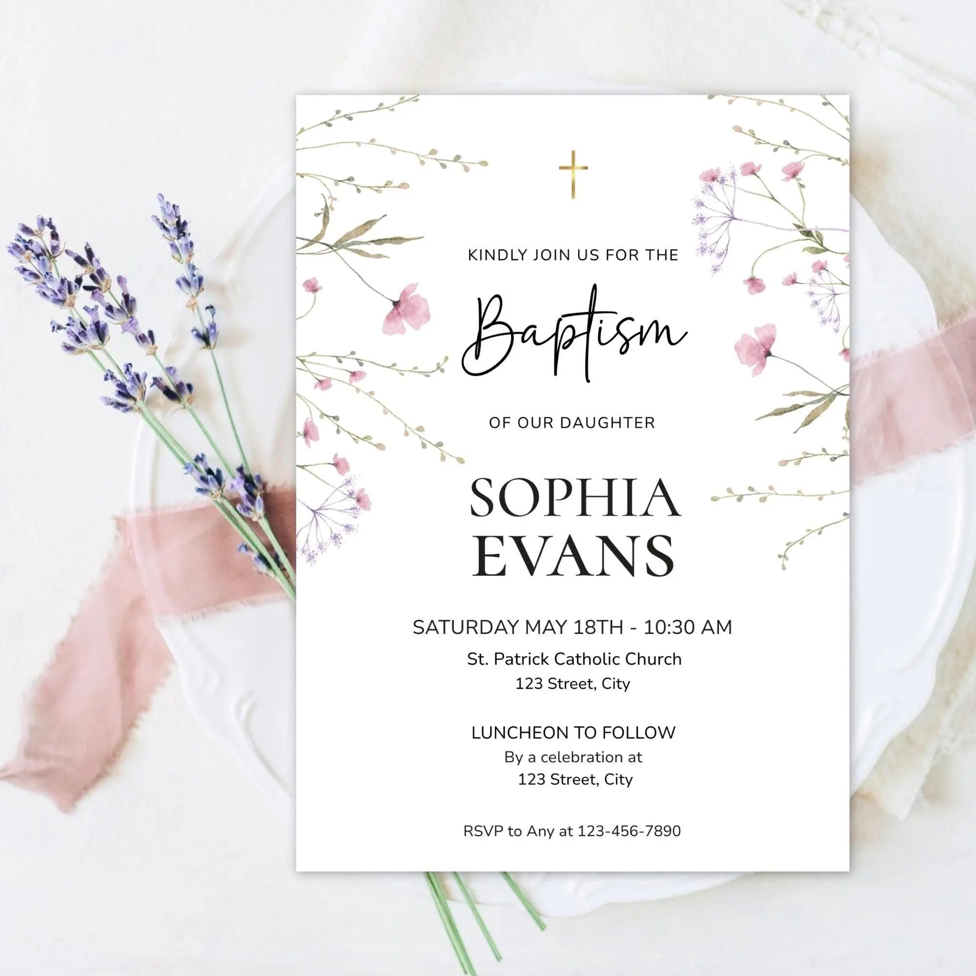 Girl Baptism Invitation Template | Corjl Printable Baptism Invite | Floral Christening Invitation | Religious Invitation card - Lovely Printable Party