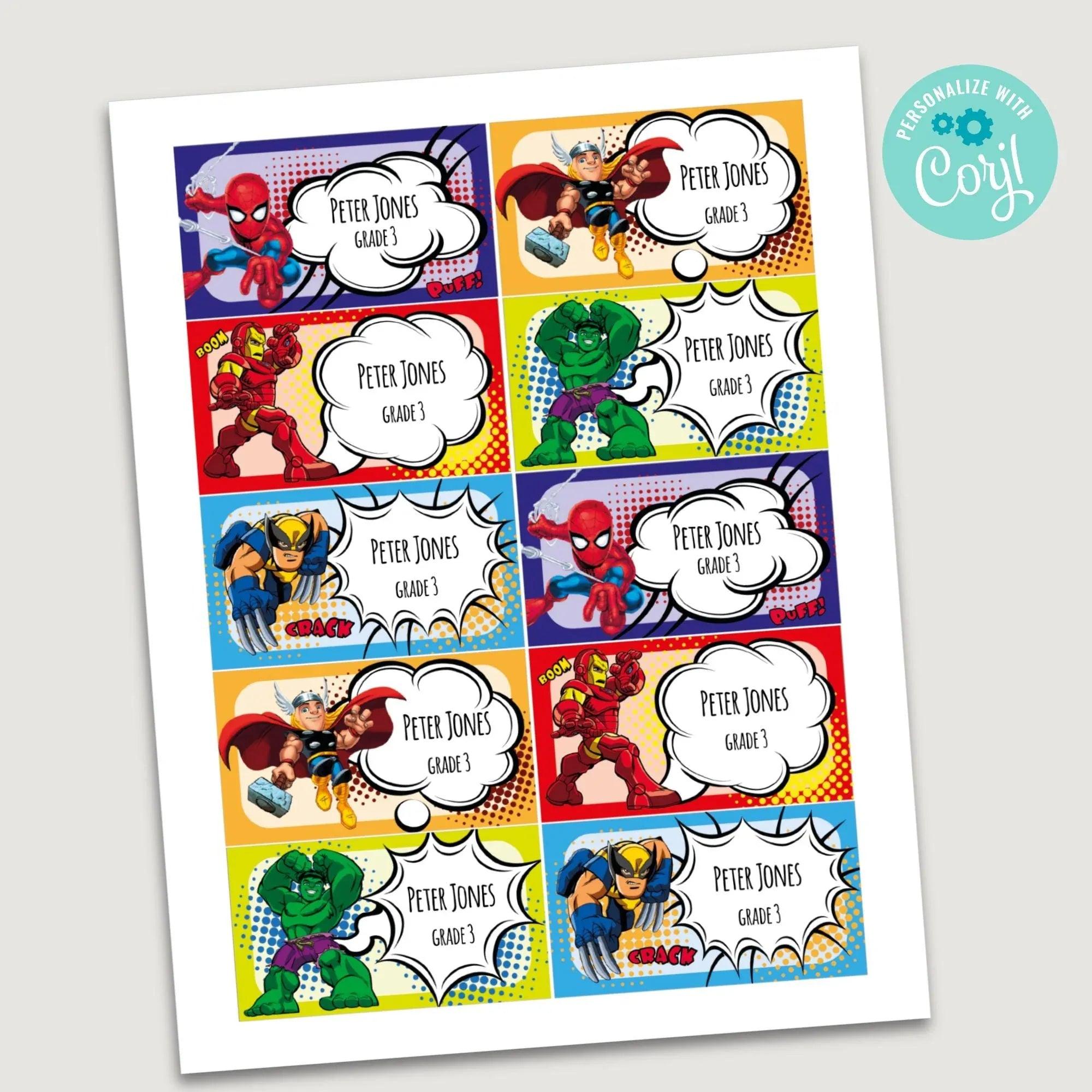 Superheroes Printables Labels, Preschool labels, Personalized kids labels, Children’s Name Labels, School supplies stickers - Lovely Printable Party