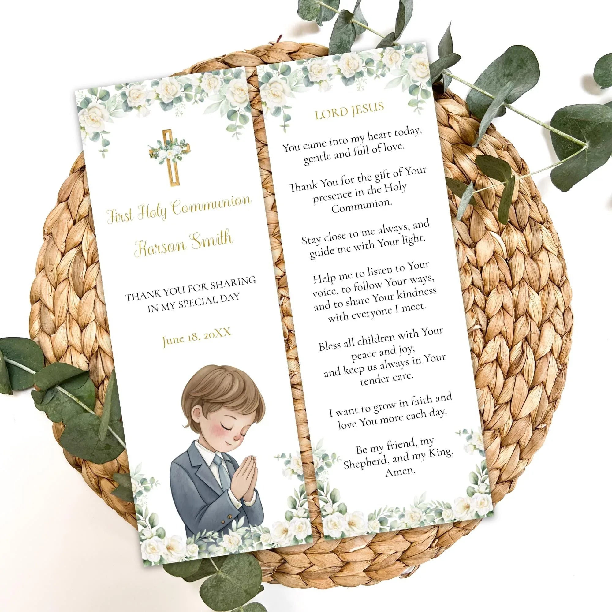 White and green Flowers First Communion Bookmark - Lovely Party