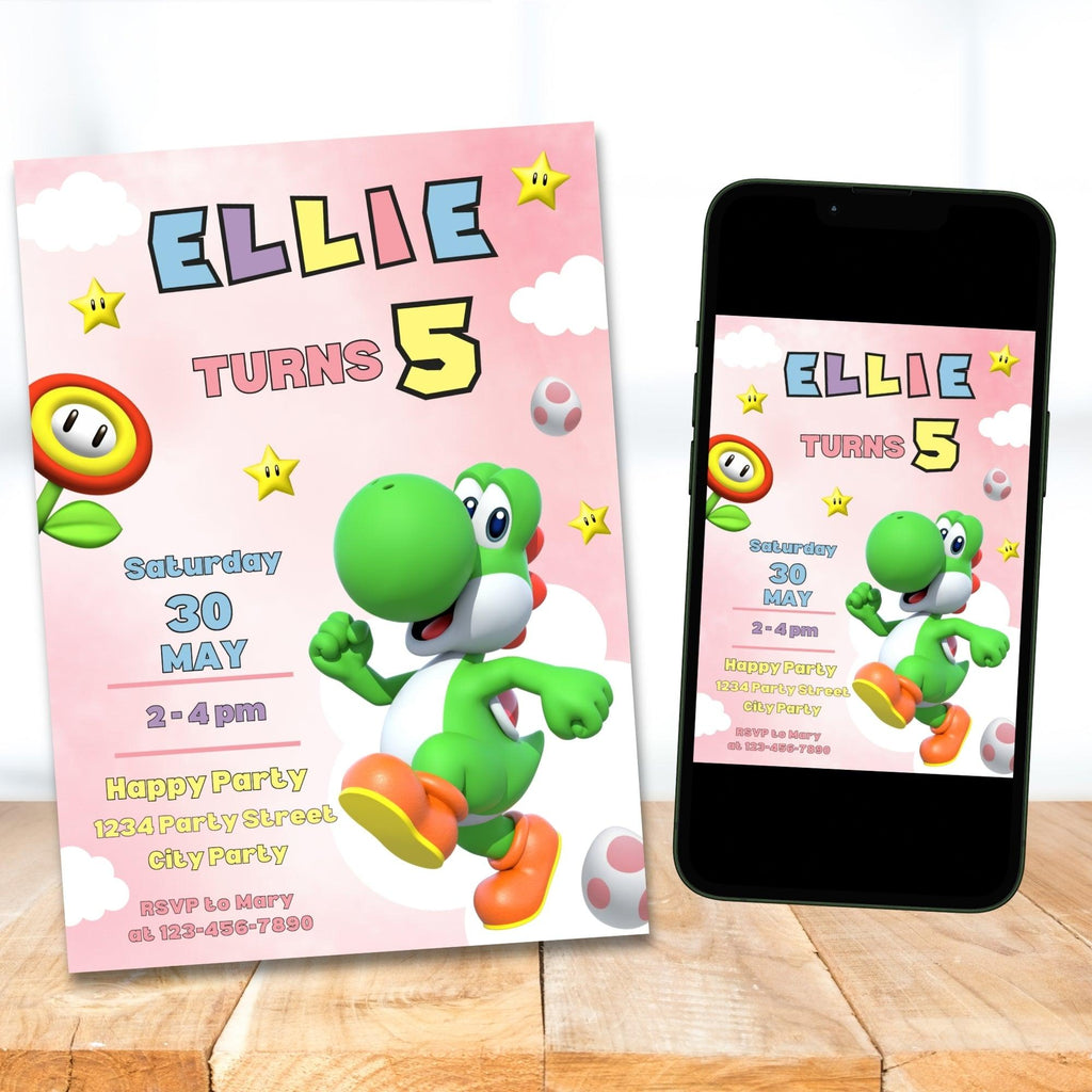 Yoshi Birthday Invitation | Pink & Green Yoshi | 2 Designs | Editable Canva Template | Instant Download